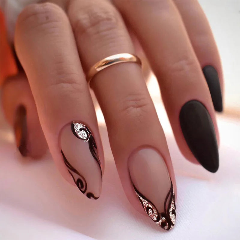 24Pcs Mid-length Almond Press on Fake Nails Irregular Line French Design Full Cover Nail Tip Shiny Powder Detachable False Nails 3XB1-13068