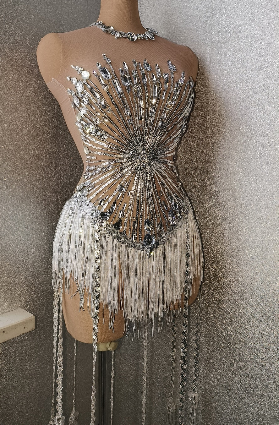 Body Sexy en cristal strass pour femmes, grand pompon extensible, Costume de bal Drag Queen DS, chanteur de scène, danse, justaucorps à franges