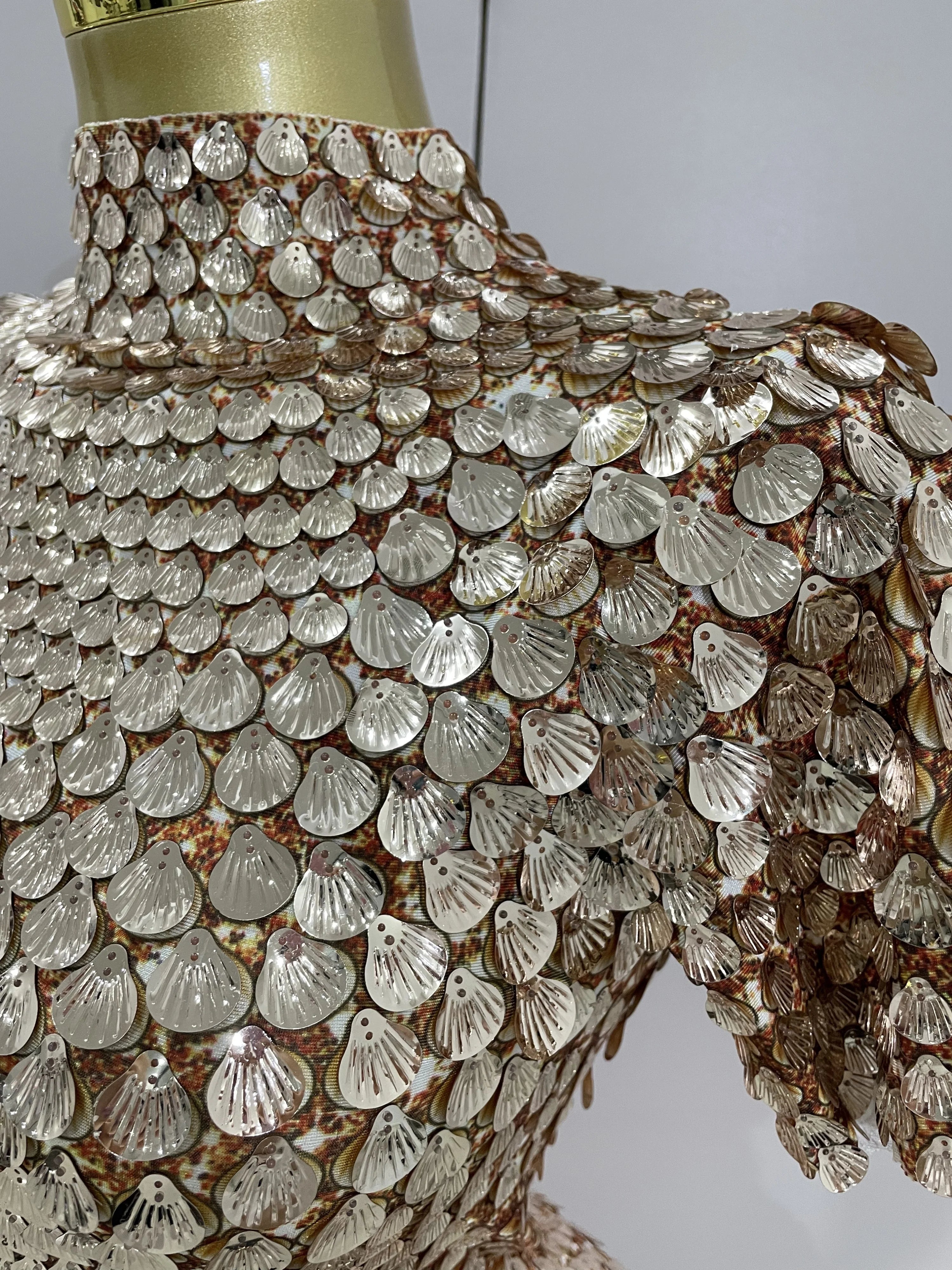 Luxury Shiny Shell Sequins Bodysuit Dress Women Sexy Nightclub Dance Performance Clothing Birthday party Dresses