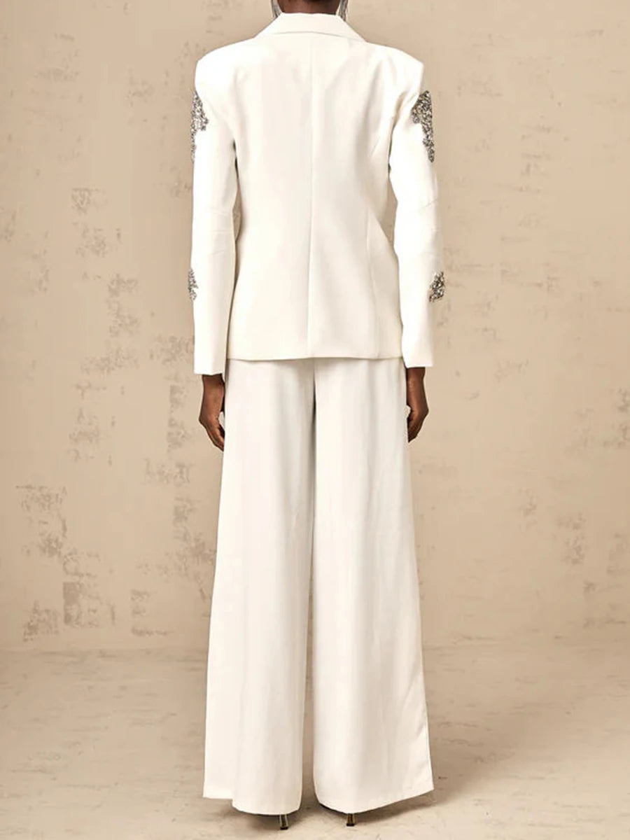 Solid Fashion Two Piece Set for Women Notched Spliced Pockets Blazer High Waist Wide Leg Pants Female Clothing New