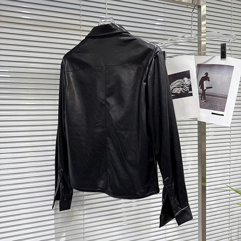 Winter New Street Style Fashion PU Leather Shirt Jacket For Women Three-Dimensional Pleated Floral Skirts 11A07730