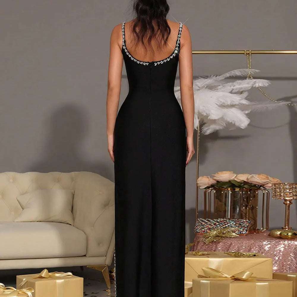 2025 Sexy Women's Nail Diamond Design Bandage Long Dress Spaghetti Strap Sleeveless Bodycon Split Dress Evening Party Vestidos
