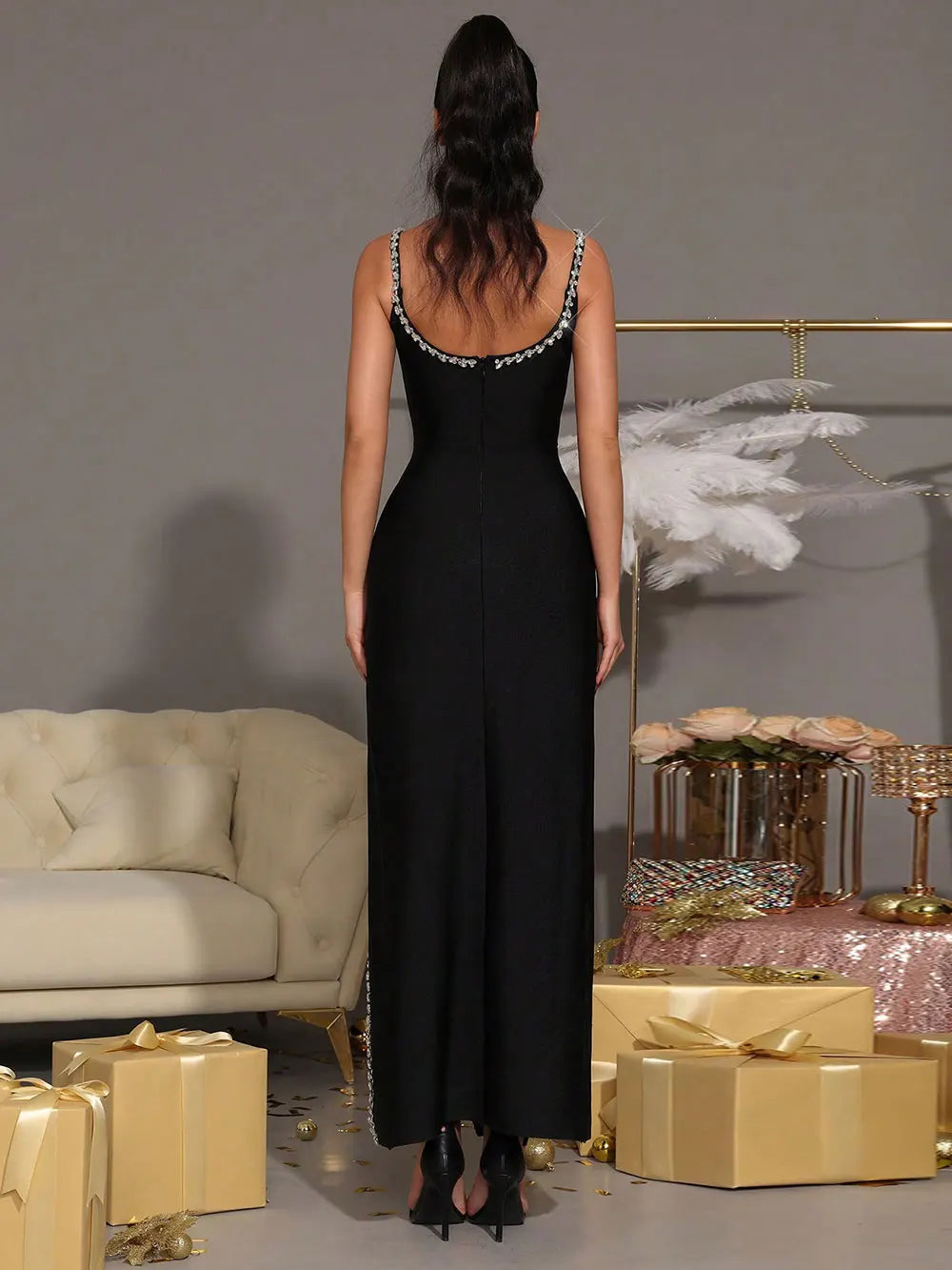 2025 Sexy Women's Nail Diamond Design Bandage Long Dress Spaghetti Strap Sleeveless Bodycon Split Dress Evening Party Vestidos