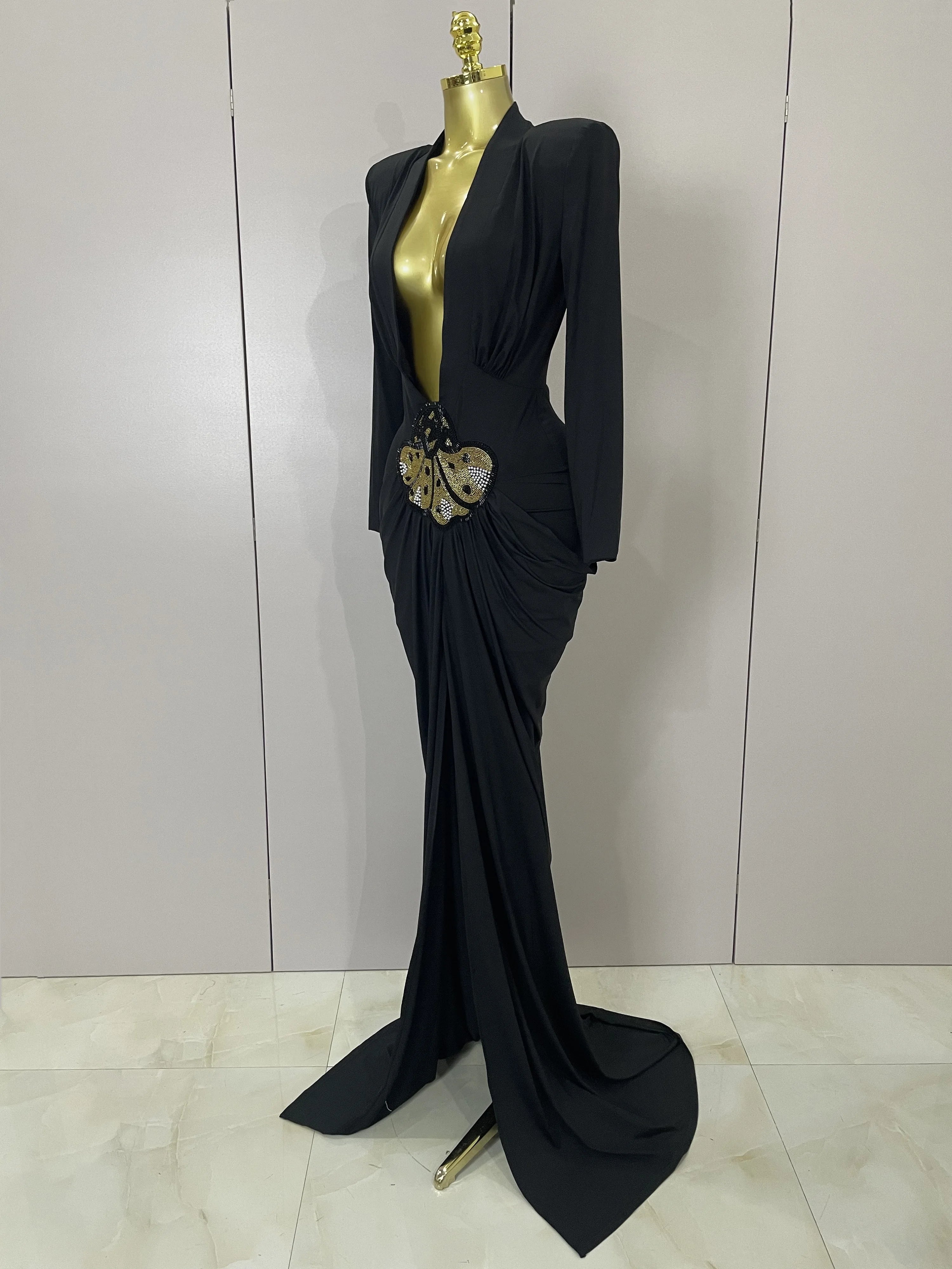 Sexy Deep V-Neck Long Sleeve Bodycon Long Dress 2025 New Women Spring Elegant Evening Party Celebrate Cocktail Outfit Vestido