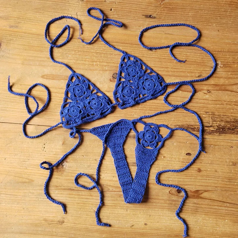 Women Sexy Handmade Bikini Sets Crochet Flower Solid Color Lace Thong String Swimwear Sunbathing Swimsuit Beach Wear Lace-up Royal Blue one size