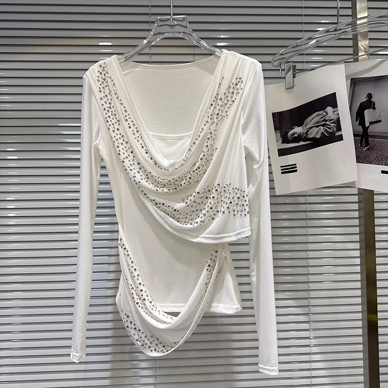 Winter New Light Luxury Style U-Neck Shiny Rhinestone Solid Color Ruched T-Shirt For Women Slim Fit Tops 11A07550 White