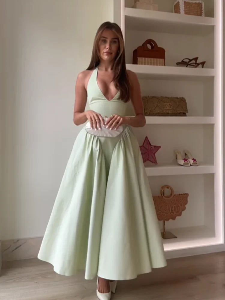Elegant V Neck Green Long Dresses Women Fashion High Waist A-line Halter Midi Vestidos New Summer Lady Evening Party Dress 2025
