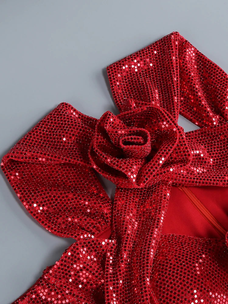 2024 Summer New Women's Sexy V-neck Long sleeves Flower Decoration Sequins Mermaid Bodycon Celebrity Party Evening Dress