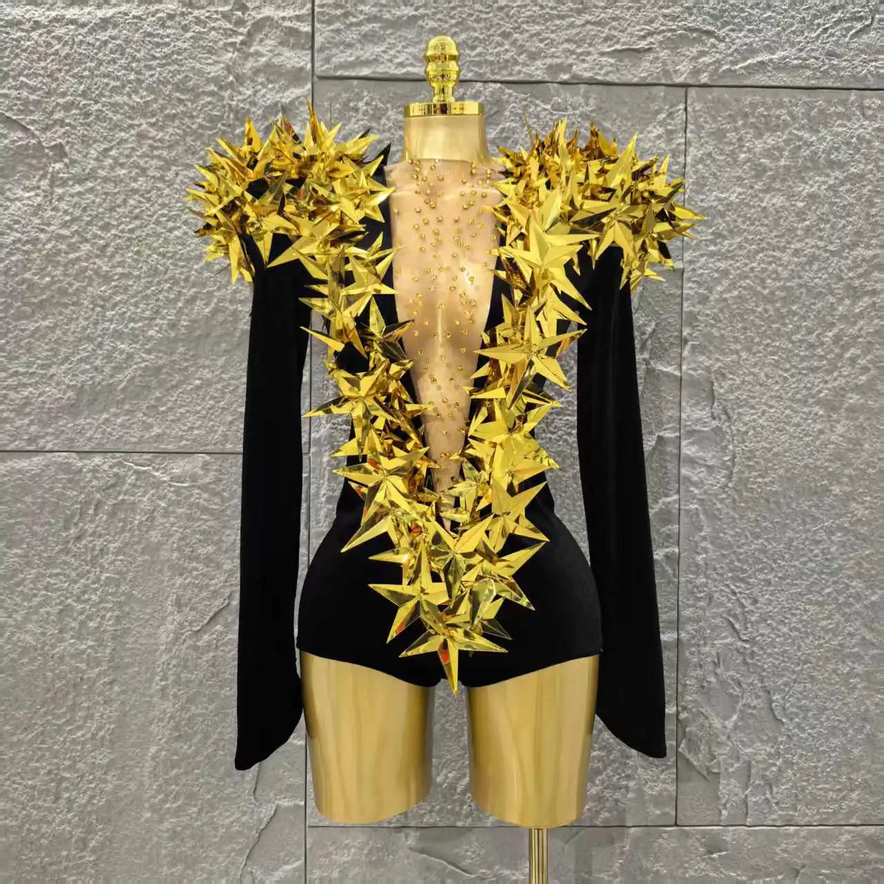 STOCK Shinning Star Sequins Women Long Sleeve Sexy High Stretch Bodycon Bodysuit Celebrate Bar Dancer Performance Costume black