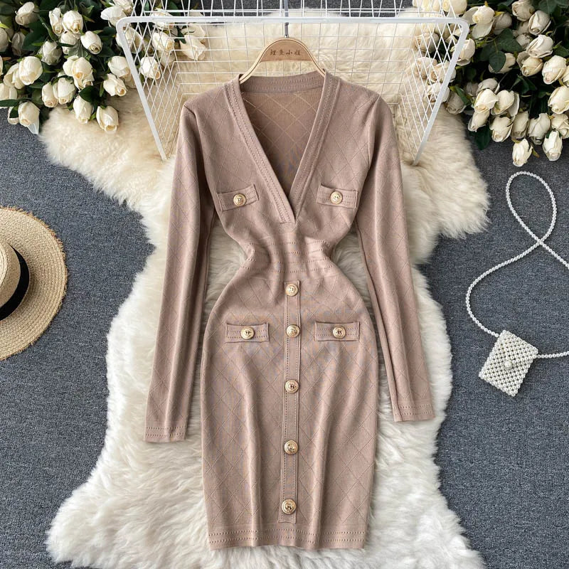 Women Knitted Pencil Dress Korean Long Sleeve V Neck Elastic Slim Dress Autumn Winter Sexy Bodycon Warm Sweater Dress Khaki One Size