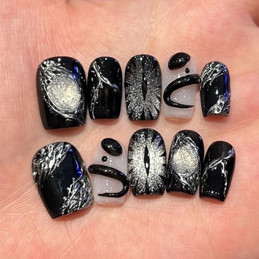 10Pcs Handmade Short Square Fake Nail French Gold Flower Cat Eye Press on Nails Full Cover Sun Moon Starlight Wearable Manicure 2 M