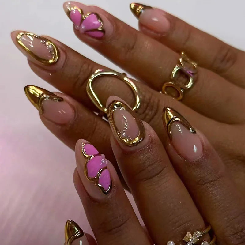 24Pcs Simple French Nails Art Tips Fake Nails 3D Design Wearable Full Cover False Nail Mid-length Almond Reusable Press on Nails 945