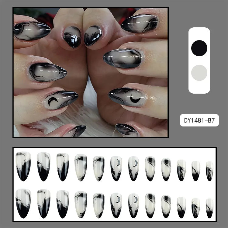 Black Cool Fake Nails Halloween Bat Press on Nails Almond Decorated Nail Tips Rivet Bow False Nails 24pcs Reusable Acrylic Nails 10