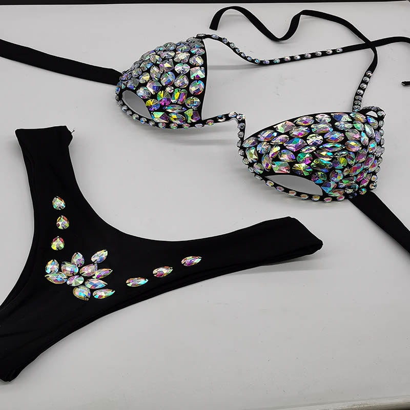 Push Up Rhinestone Bikini Luxury Crystal Diamond Women Swimwear Hollow Out Swimwsuit Manual Customized Bathing Suit Black