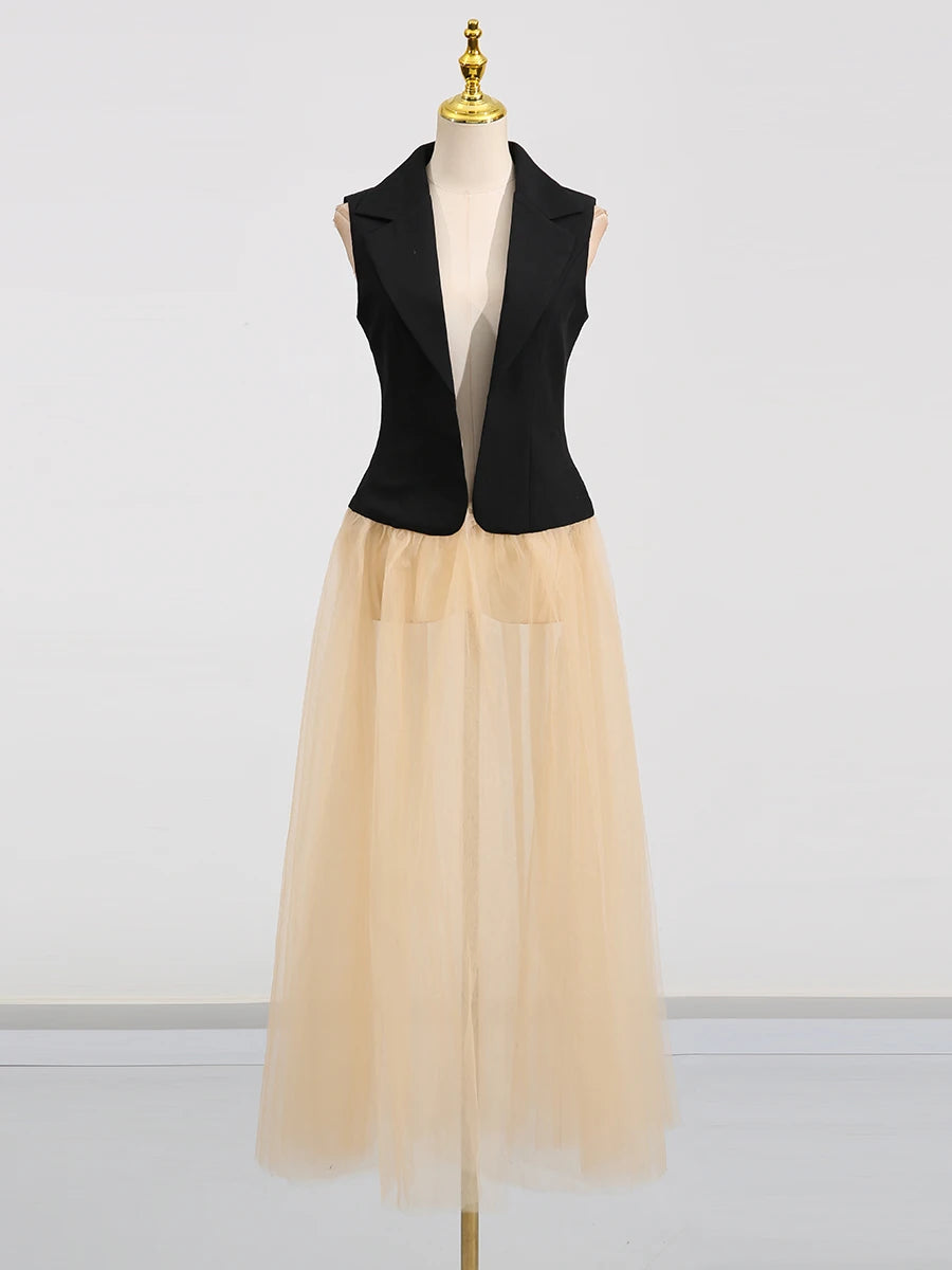 Hit Color Sheer Elegant Jacket for Women Lapel Sleeveless Patchwork Folds Fashion Long Jacket Female Clothing New BLACK