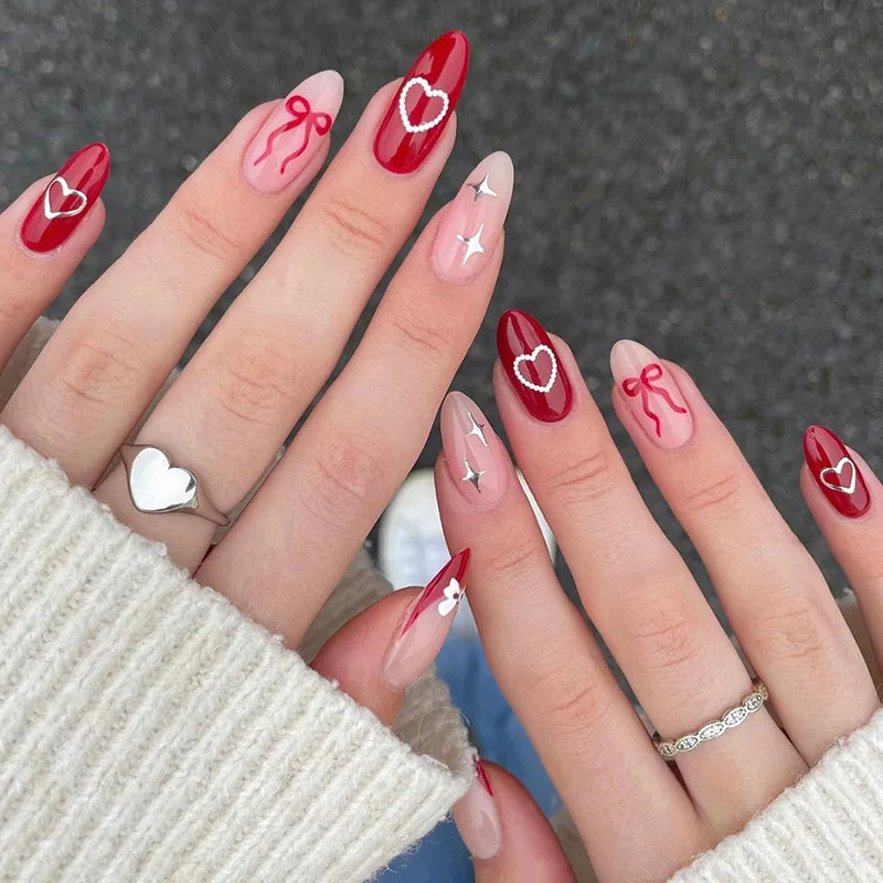 Red Almond Fake Nails 24Pcs Valentine's Day Press On Nails Love Heart/Bowknot/Star Printed Wearable False Nails for Women Y2