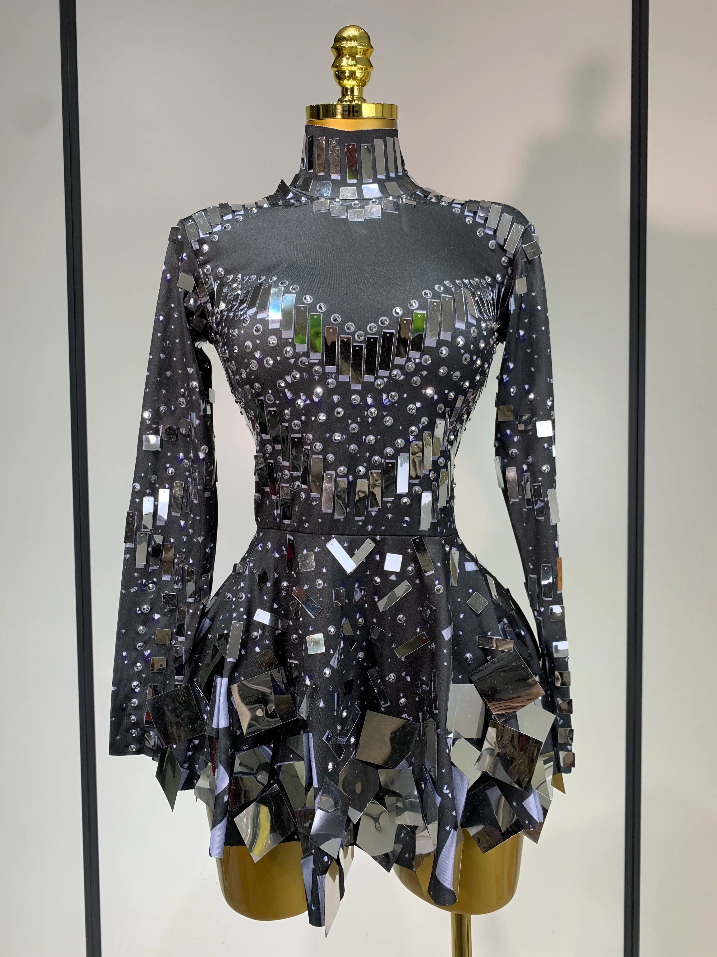 Women 2025 Sexy Elastic A-Line Dress Birthday Performance Costume Sparkly Sequin Nightclub Evening Party Hotwife Stage Outfit black