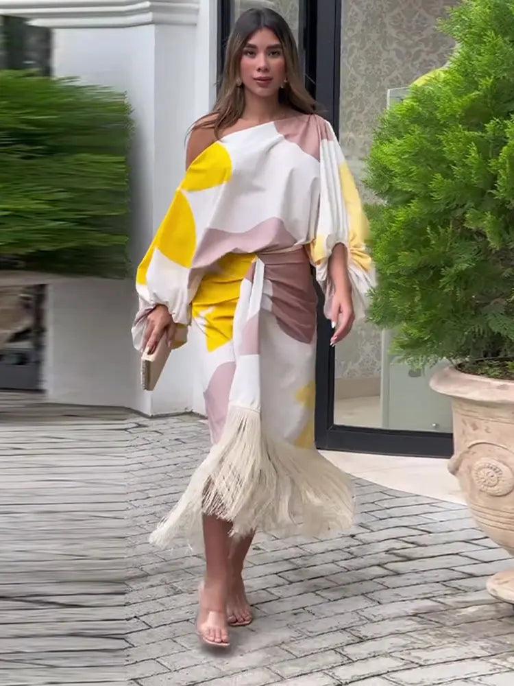 Women Tassel Skirt Suit Loose Off Shoulder 2 Pieces Sets Party Club Spring Summer Lady Street Casual Outfit NEW