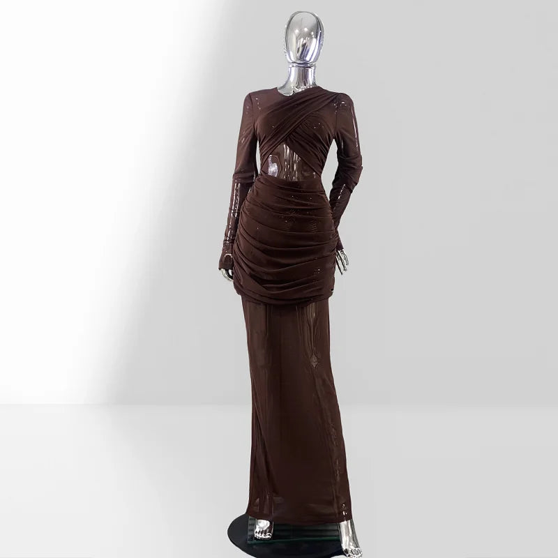 Chocolate Color Sexy See Through Mesh Sheath Ankle Length Dress Fashion Woman Evening Party Dress Holiday Vacation Outfit