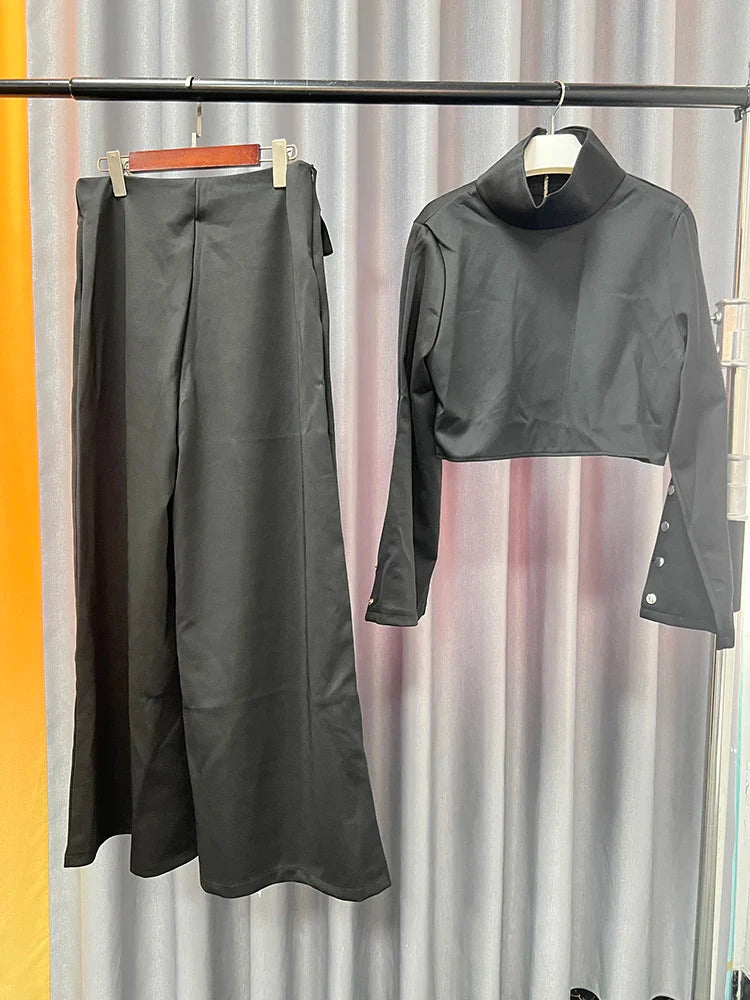 Streetwear Two Piece Set For Women Stand Collar Long Sleeve Top High Waist Pant Wide Leg Pant Chic Sets Female New