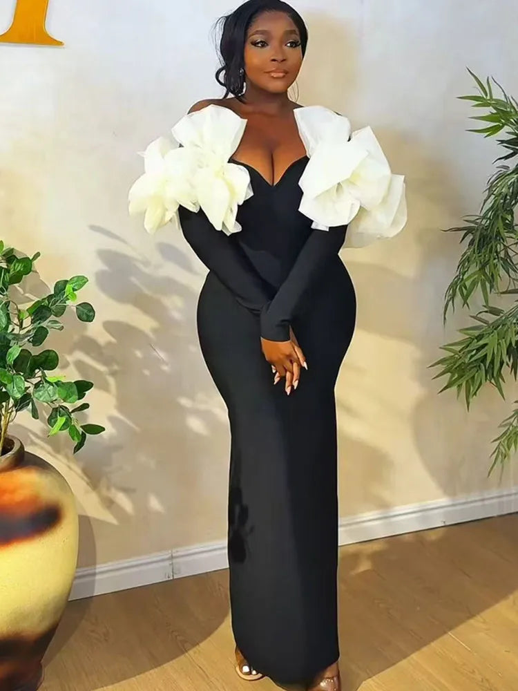 Women Sexy Off Shoulder Long Sleeve Red Black Maxi Long Celebrity Bodycon Bandage Dress 2025 Elegant Evening Club Party Dress