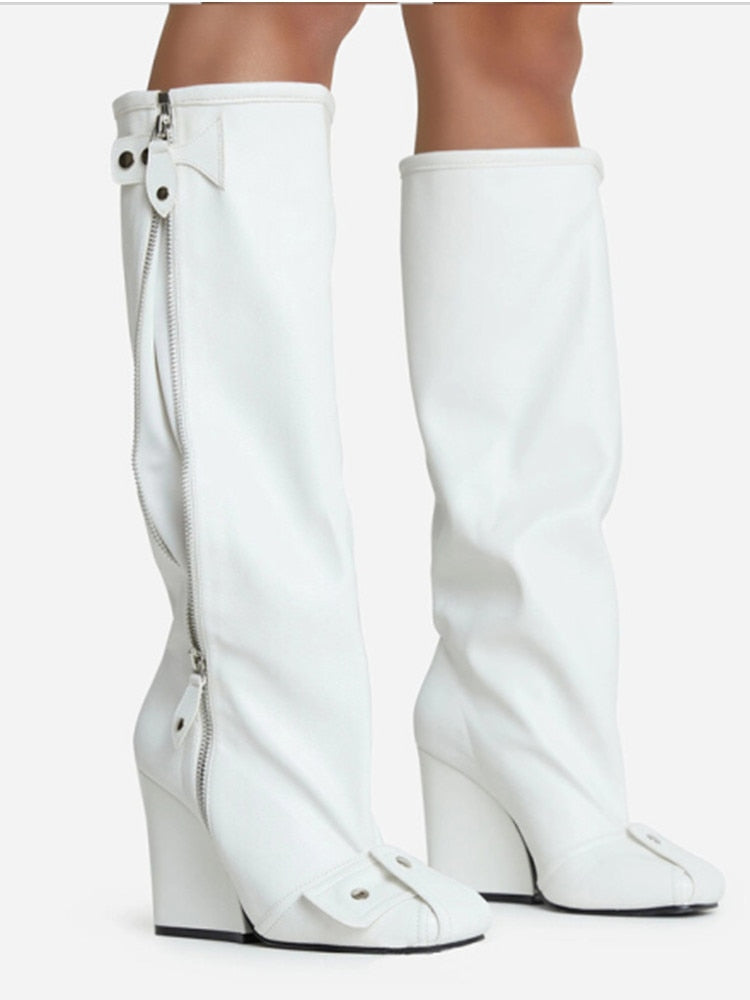 Punk Fan Motorcycle Boots Wome's Zipper Thick Sole Knee High Boots European and American Trend Nightclub Party White