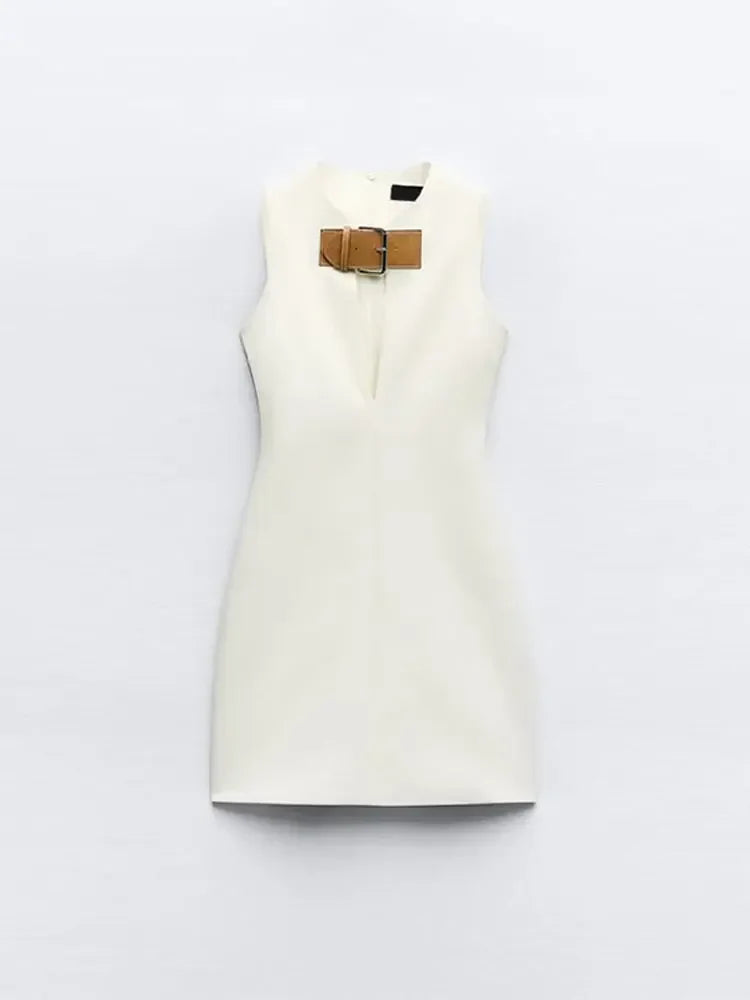 Elegant Solid Slim Sleeveless White Mini Dress Women Sexy Hollow Out Leather Buckle Short Vestidos Chic Ladies Streetwear