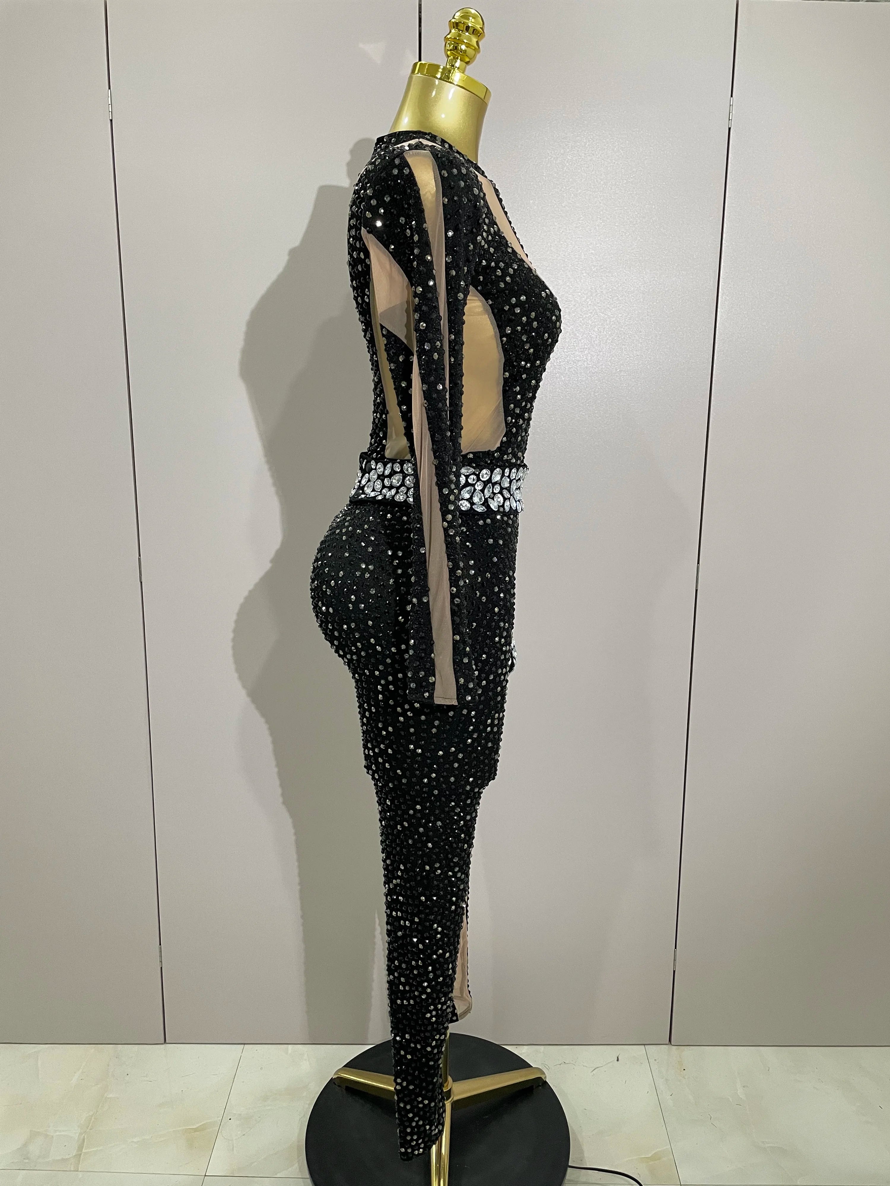 2025Sexy Sparkly Full Diamond Black Perspective Waist Cinching Asymmetrical Mesh Jumpsuit Birthday Party Nightclub Stage Costume