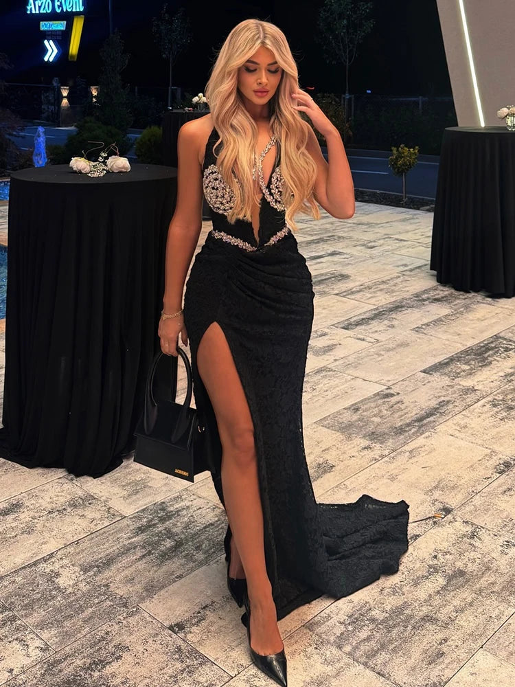 Black Lace Appliques Long Dress for Women Rhinestones Halter High Slit Diamonds Sleeveless Trumpet Cocktail Evening Gown