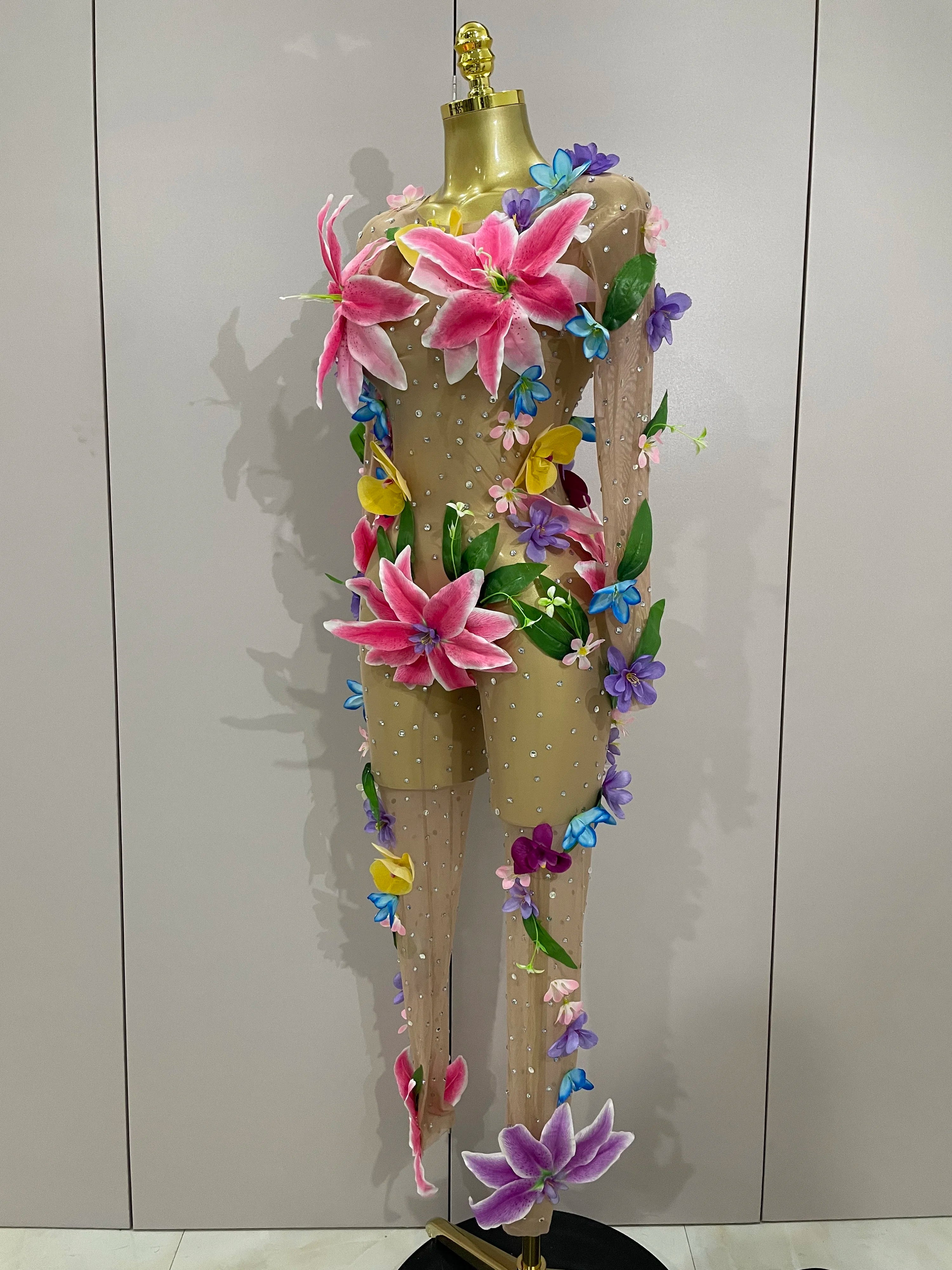 2025Sparkly Rhinestones 3D Flower Nude Mesh Transparent Jumpsut Women Evening Party Birthday Nightclub Performance Stage Costume