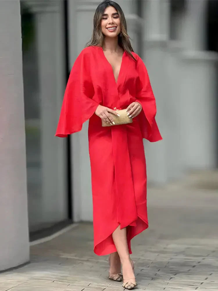 Women Chic Solid Long Flare Sleeves Pleated Midi Dress Casual Loose V-neck Irregular Hem Vestidos Spring Lady Elegant Robes