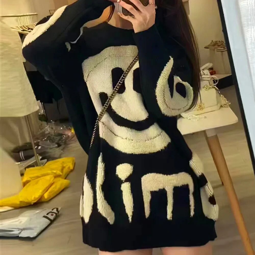 Y2k O-Neck Crochet Kintted Sweater Women Smile Loose Top E-girl Pullovers Spring Autumn Winter Jumper Sueter Streetwear