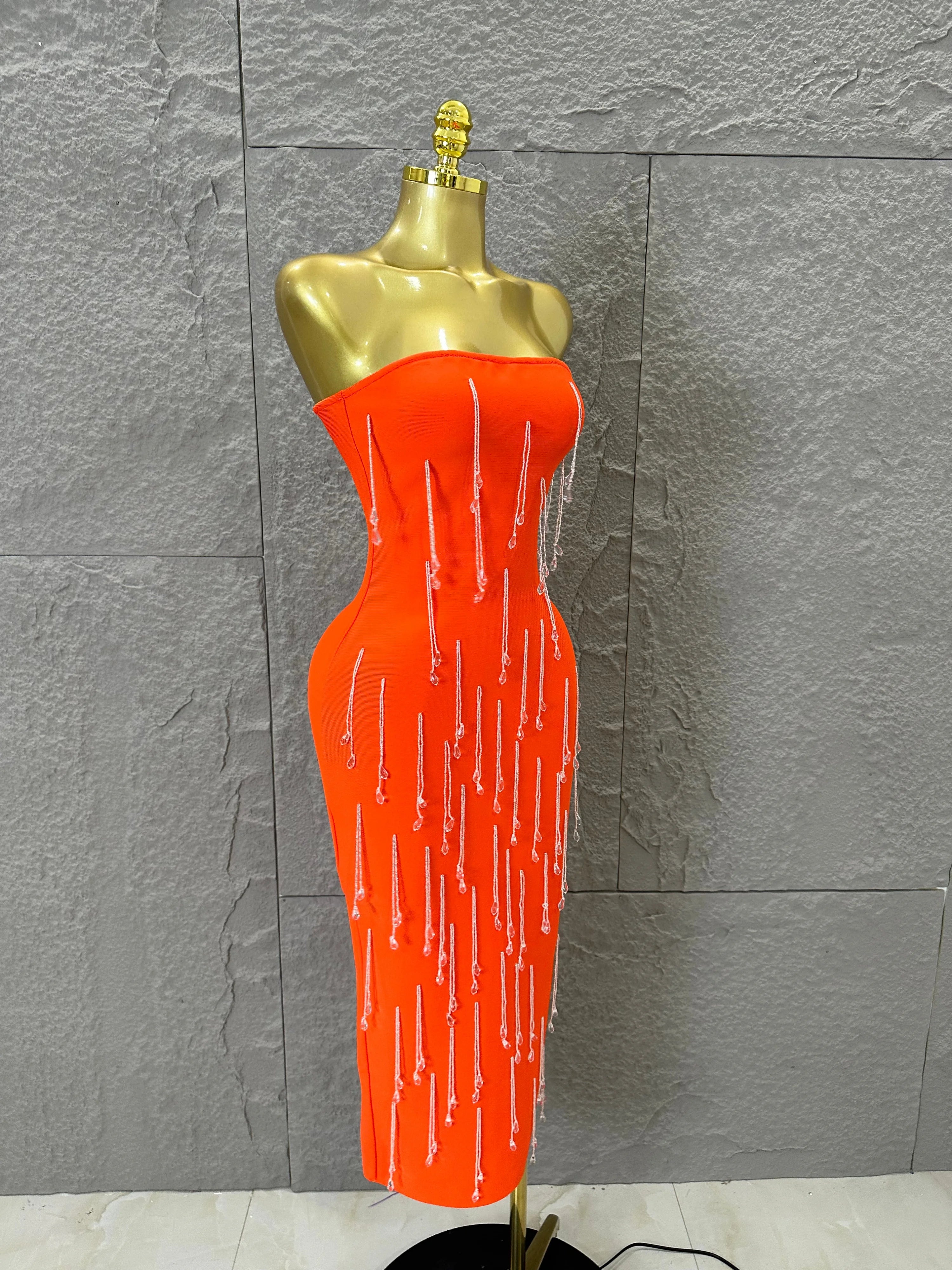 Elegant Orange Crystal Tassel Midi Dress Women Sexy Strapless Rhinestone Fringe Bodycon Slim-fit Outfit Evening Gala Costume