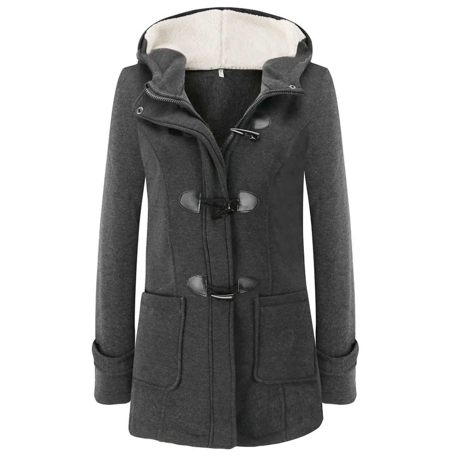 Womens Winter Coats Thicken Sherpa Lined Jacket Fashion Horn Button Hooded Outwear Warm Wool Blended Pea Coat Pockets Dark Grey