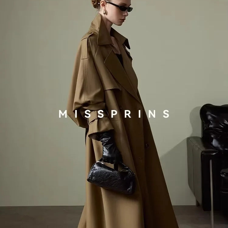 Lautaro Spring Autumn Long Khaki Trench Coat for Women Belt Double Breasted Chic Luxury Designer European Fashion Clothes 2025