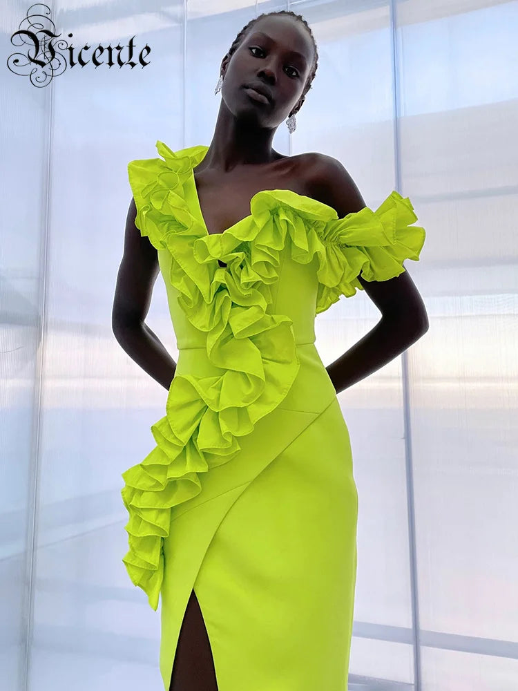 Women Sexy One Shoulder Ruffles Neon Green Split Maxi Long Bandage Maxi Dress Elegant Evening Club Party Cocktail Outfits