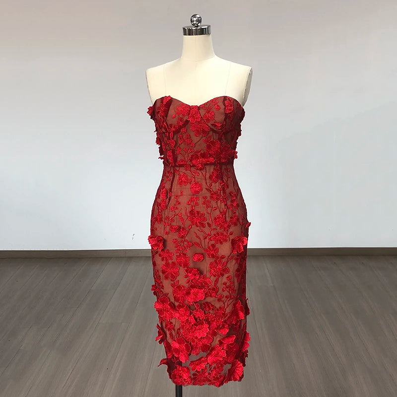 New Red Color Women Strapless Embroidery Flowers Bodycon Midi Bandage Dress Fashion Celebrate Birthday Evening Party Dress Red
