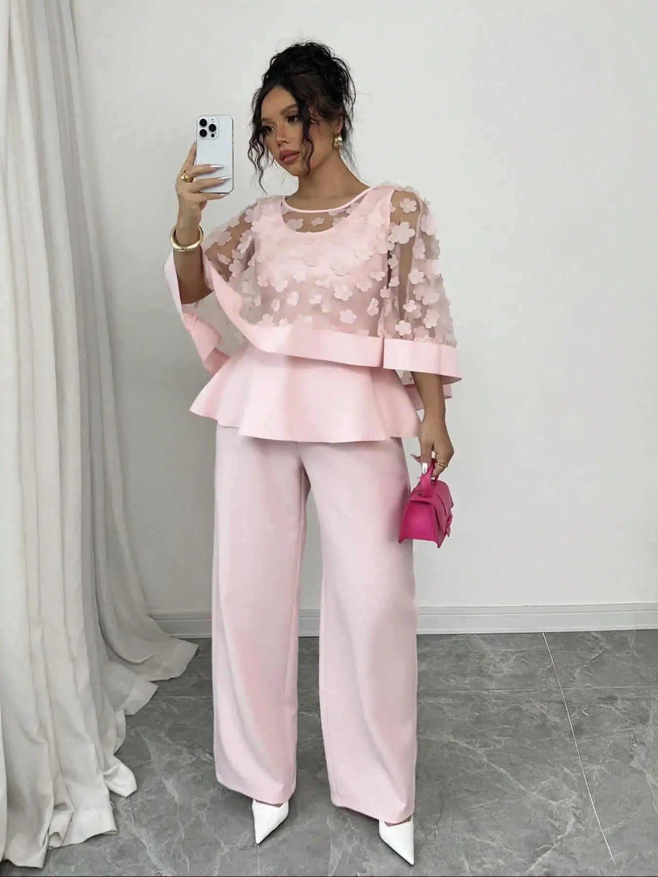 Plus Size Women's Two-Piece Set, Casual Floral and Plain Design, Moderate Thickness for All Seasons 168239