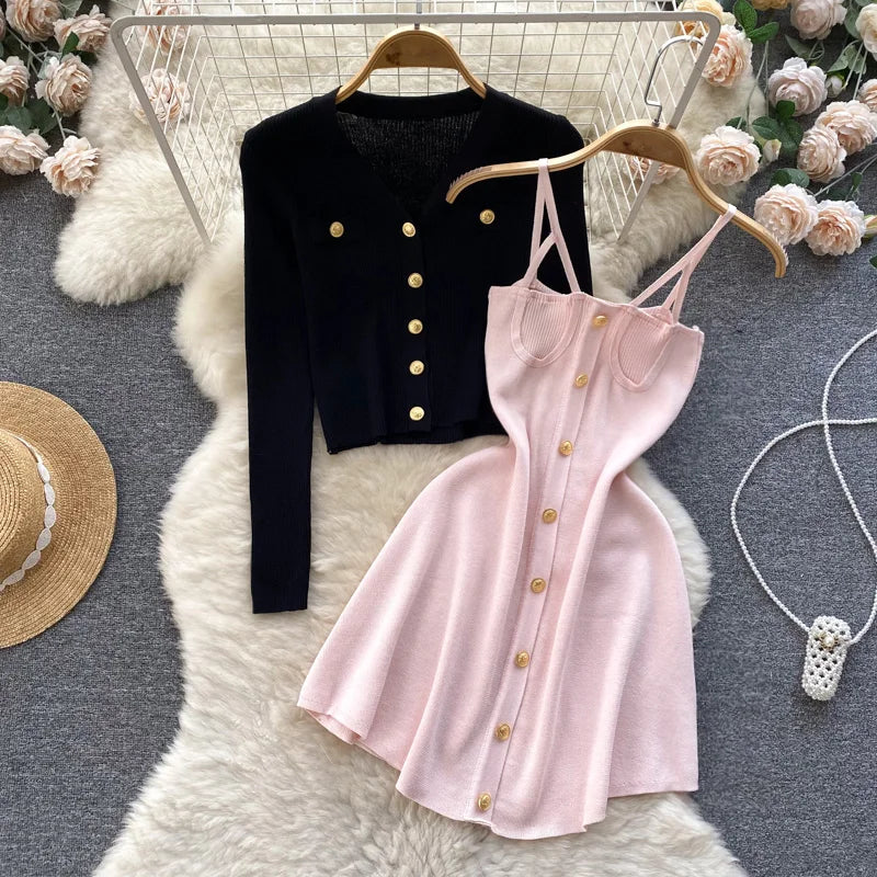 Women Dress Sets Autumn Fashion Spaghetti Straps Mini Dress + Full Sleeve Knitted Coats Lady Y2K Two Piece Suits Pink One Size