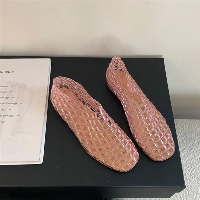 Summer Jellies Shoes Women Fashion Transparent Mesh Hollow Out Beach Shoes Ladies Flat Sandals Colourful Round Toe Jelly Sandals Pink