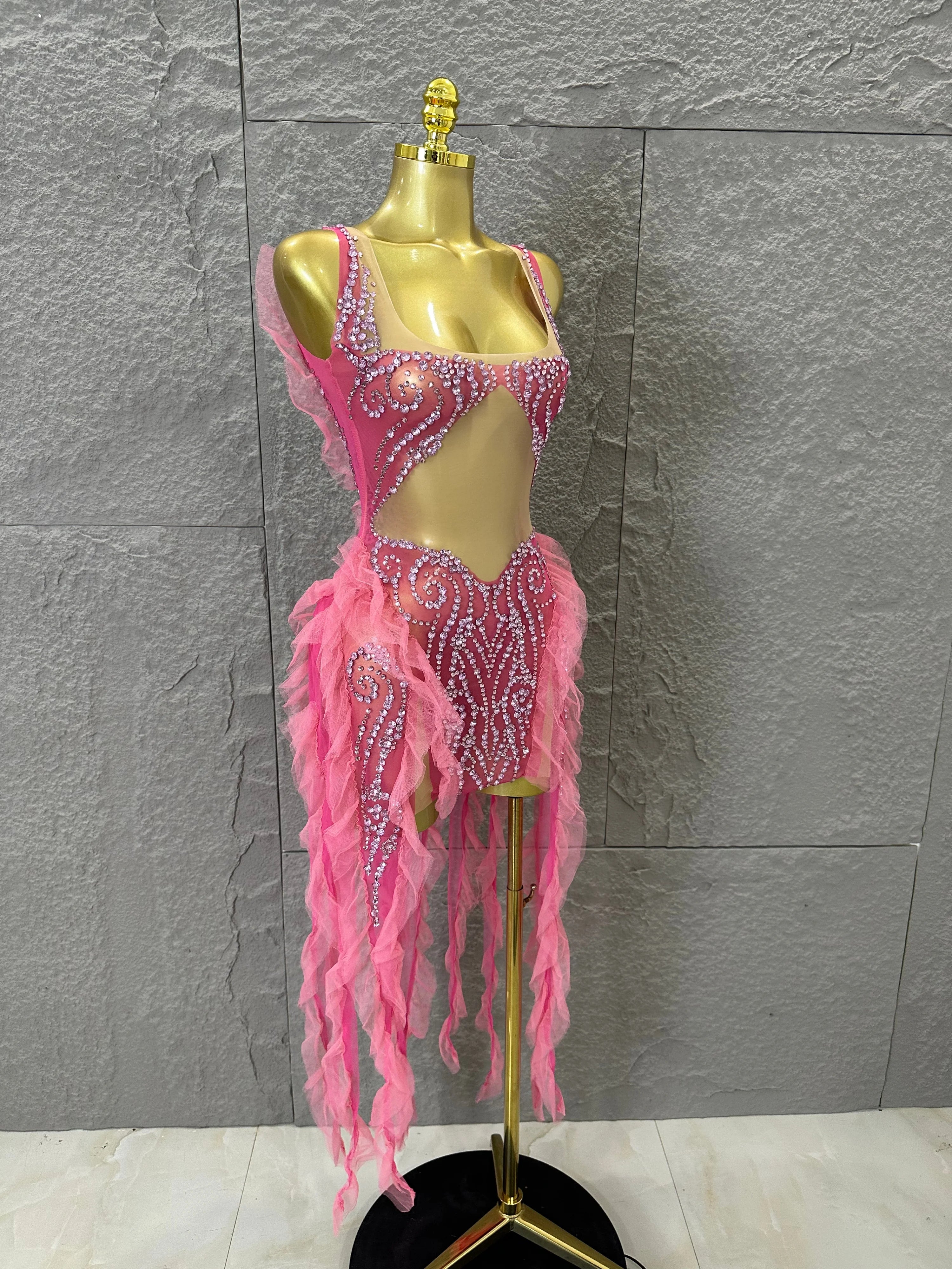 Women Sheer Mesh Rhinestone Ruffle Embellished Latin Dance Performance Costume Elegant Pink Spaghetti Strap Mini Dress