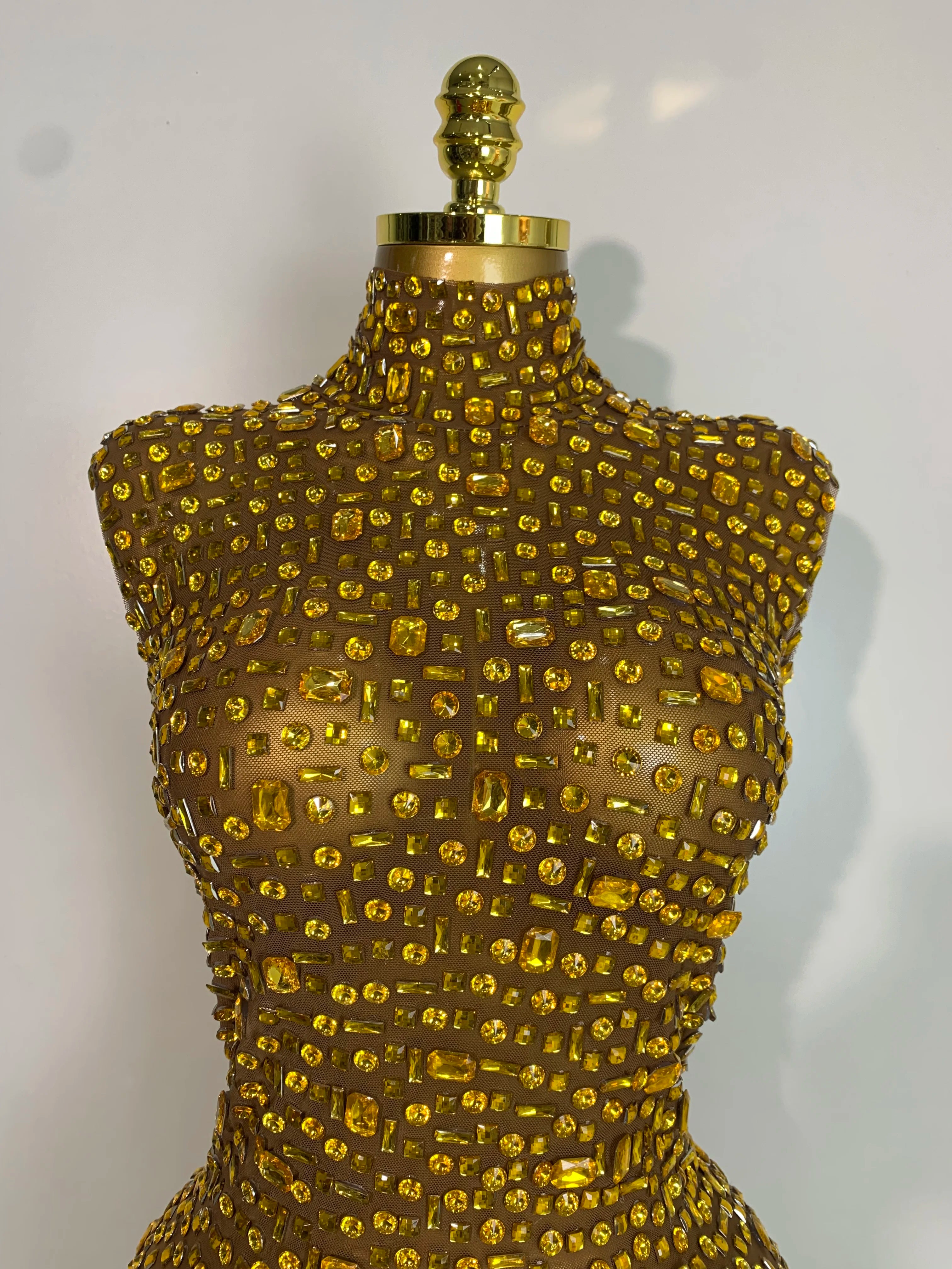 Women Luxury Gold Rhinestone Sexy Mesh Short Dress Sparkly Stage Costume Elegant Party Birthday Dresses Nightclub Singer Outf