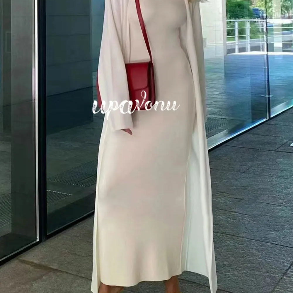 Women's Knitted Long Dress Sets with Polo Collar Long Sleeves Waistband Tie up Cardigan Long Coat+Sleeveless Dress Two Piece Set
