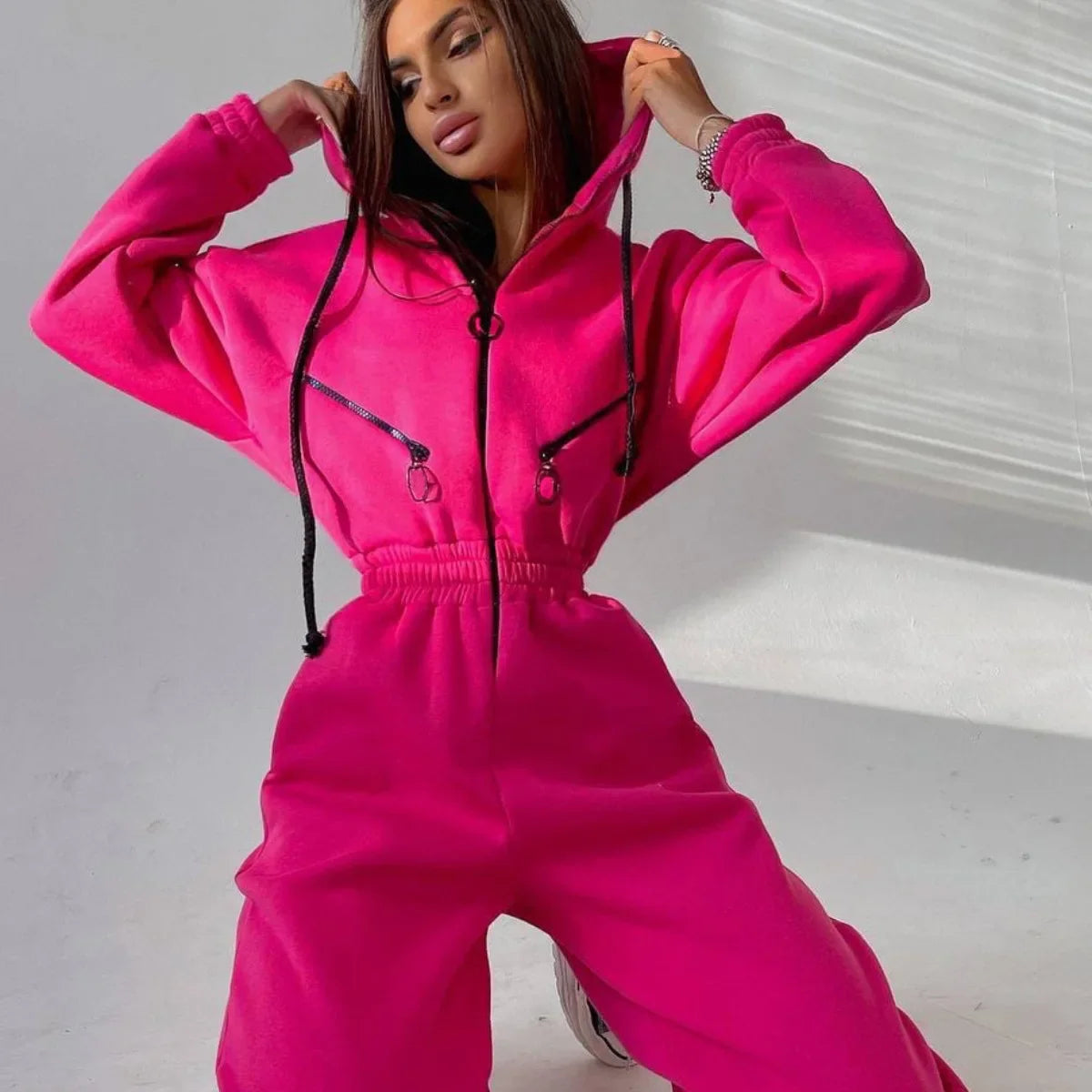 LKF New Sports and Casual Women's Jumpsuit Hooded Zipper Cardigan Solid Color Street Trendy Jumpsuit Wholesale rose