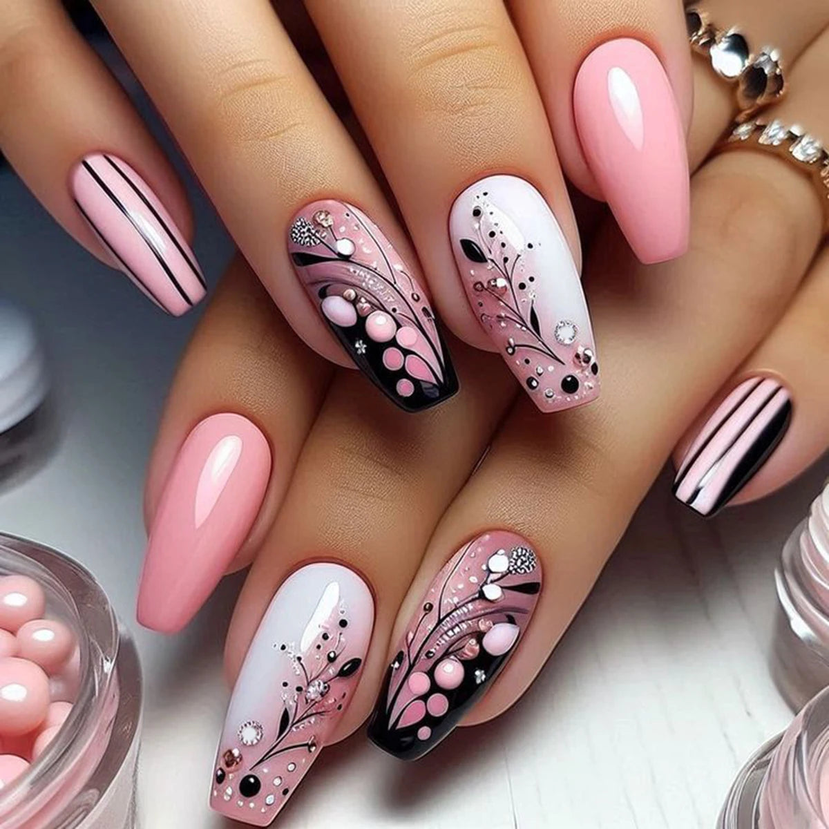 Upgrade your nail styling 24pcs medium length almond shape pink fresh floret wear nail manicure press nail piece & 1 rub strip & B4-1-6-XY652