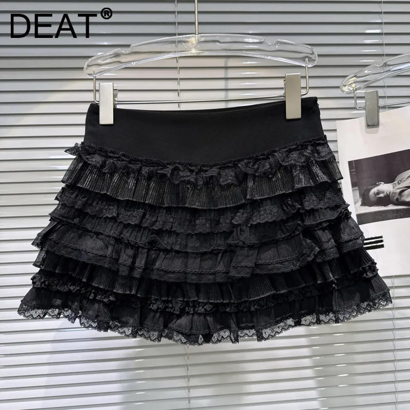 Winter New Sweet Temperament Mesh Ruched Patchwork Cake Skirt For Women High Waist Short Skirts Female Trend 11A07610
