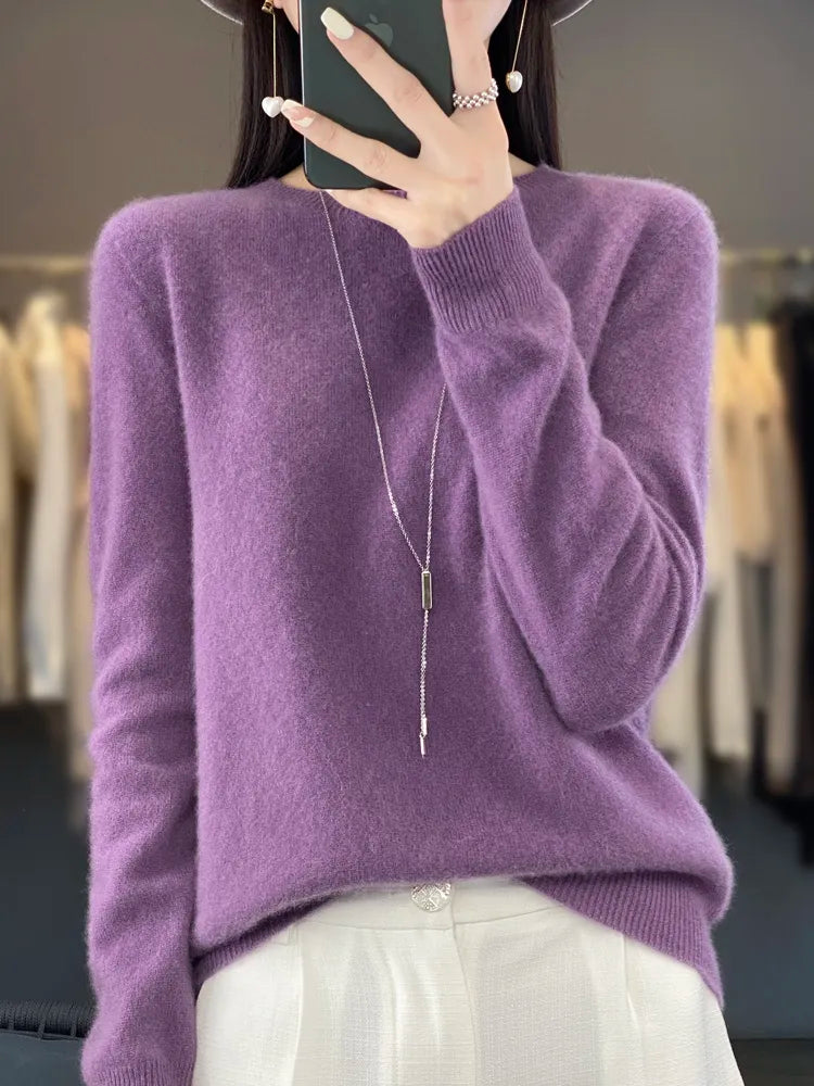 Women 100% Pure Merino Wool Knitted Sweater Autumn Winter Fashion O-Neck Top Cashmere Warm Pullover Seamless Jumper Clothes Violet