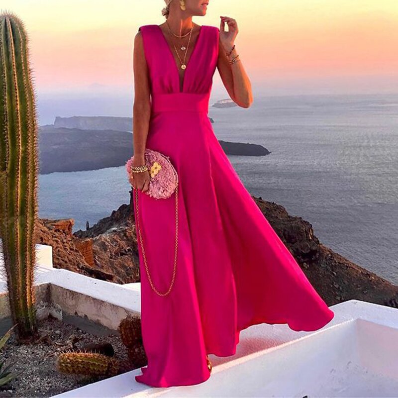 V Neck Maxi Dresses Printed Sleeveless Sling Holiday Dress style 2 rose