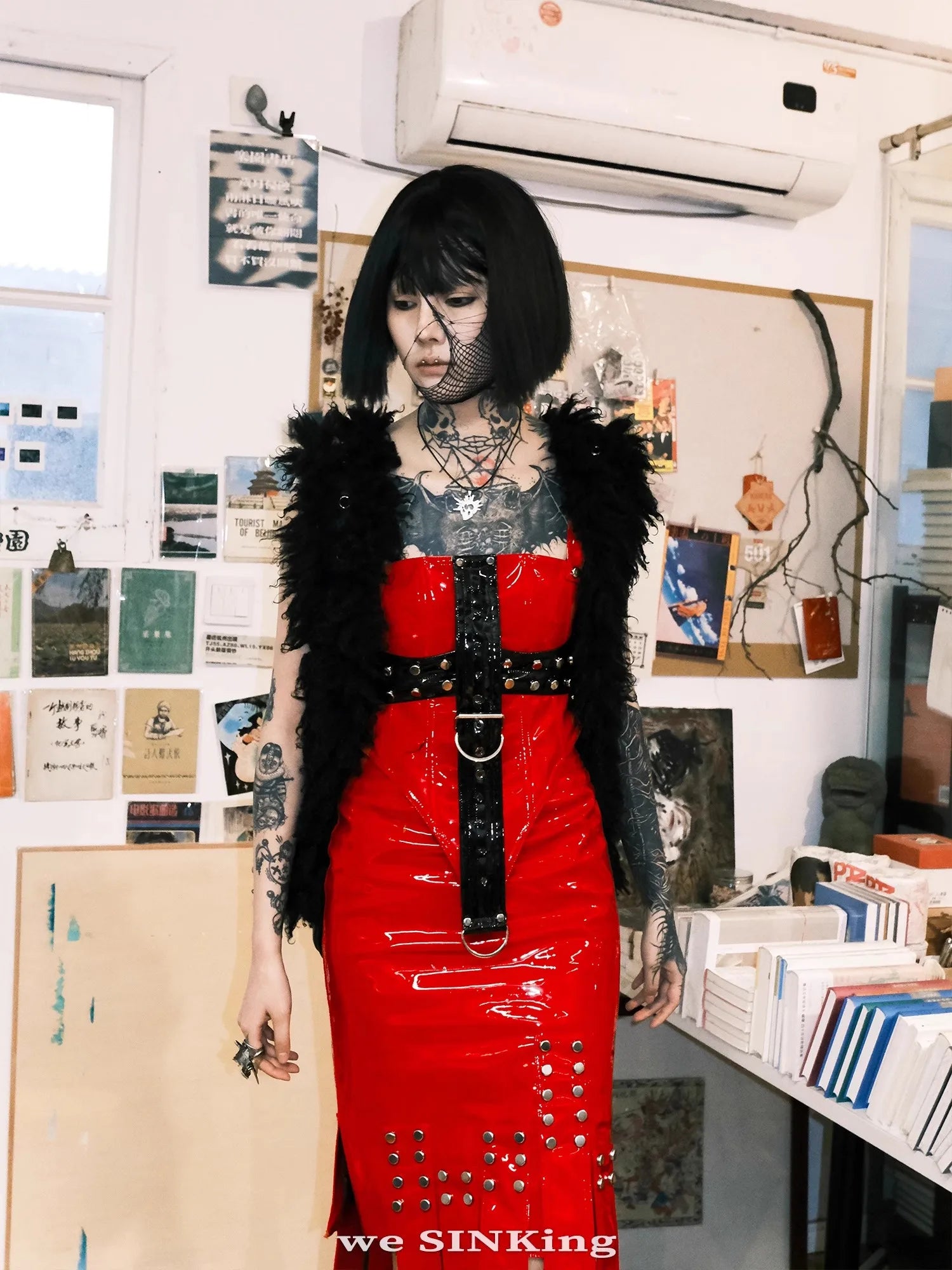 Lautaro Cool Red and Black Patchwork Patent Leather Y2K Tank Tops 2000s Women Luxury Designer Gothic Woman Clothing Streetwear