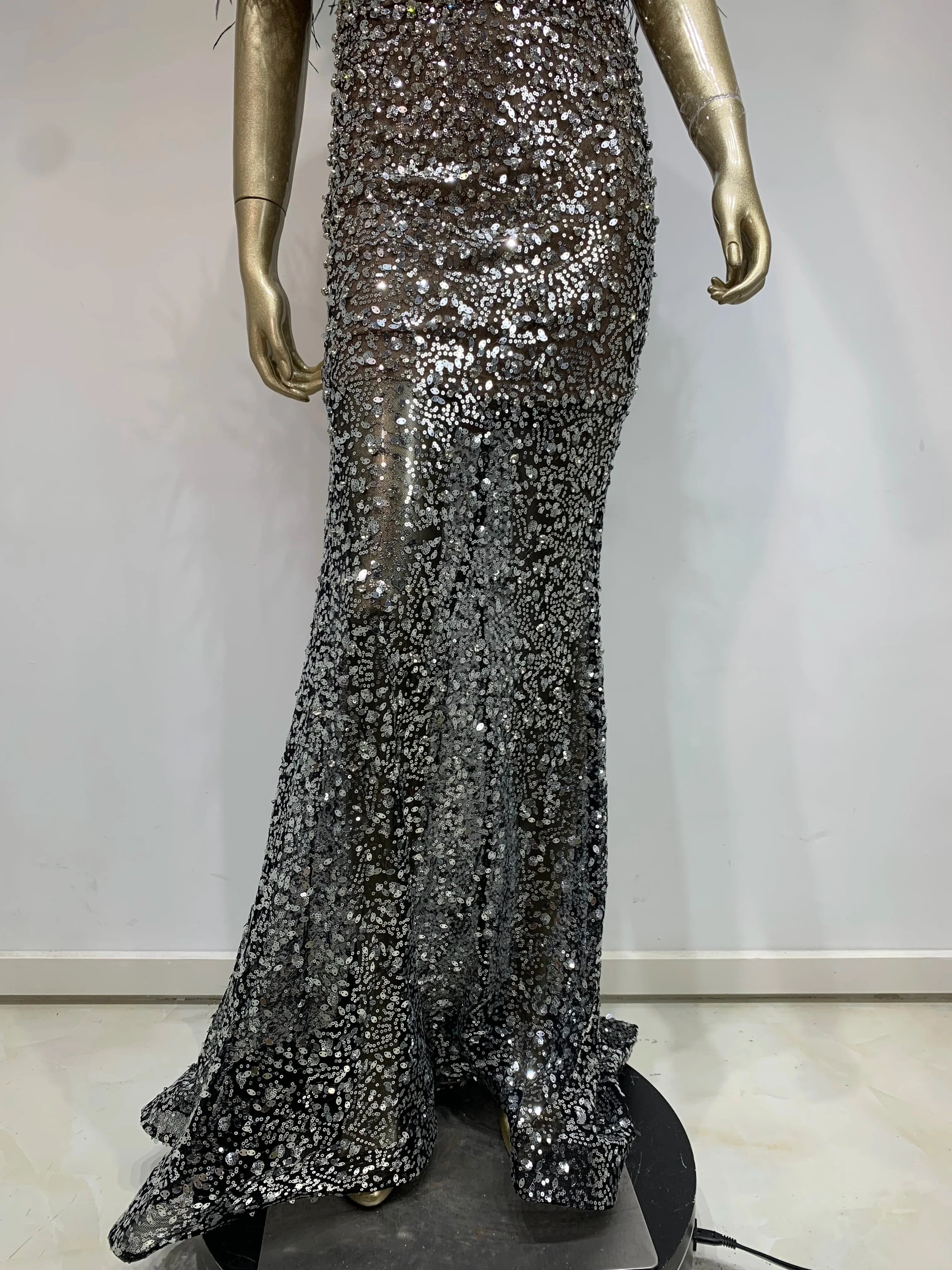 Women Celebrity Sexy Off Shoulder Feather Beading Sequins Maxi Long Gowns Dress Elegant Evening Party Club Dress Vestido